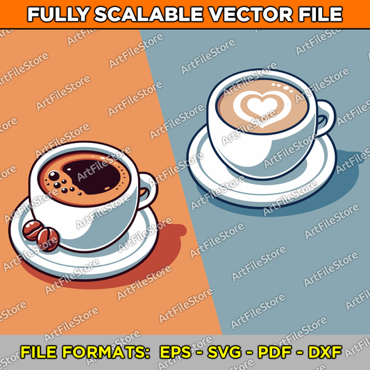 Vector artwork file featuring coffee and latte cups with dynamic steam details, perfect for café branding, beverage-related designs, and creative projects.