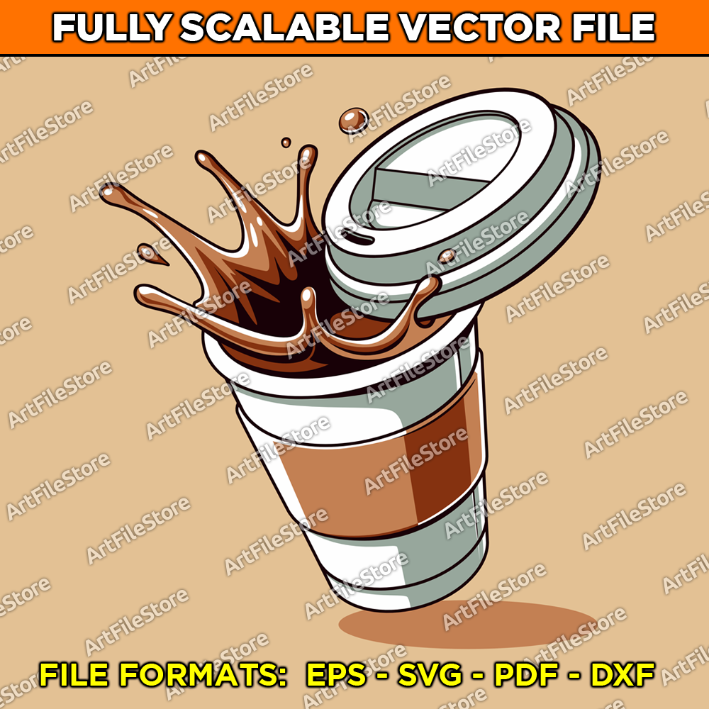 Vector artwork of a disposable coffee cup with coffee dramatically exploding out of the cup, perfect for branding, promotional materials, and creative beverage-related designs.