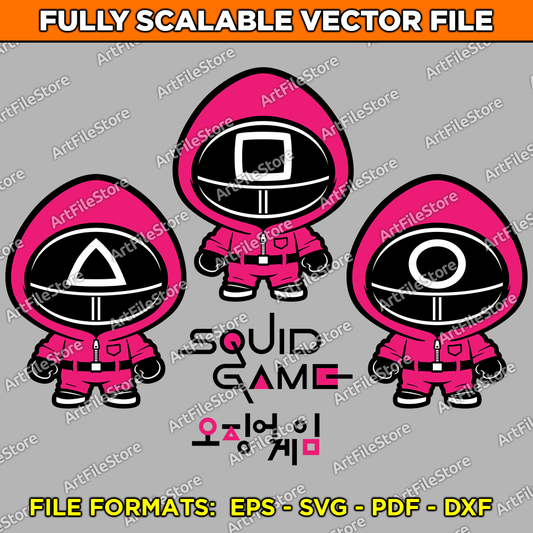 Vector artwork of cute Squid Game guards in a stylized design, perfect for use with Cricut and Silhouette cutting machines, crafting, and custom merchandise