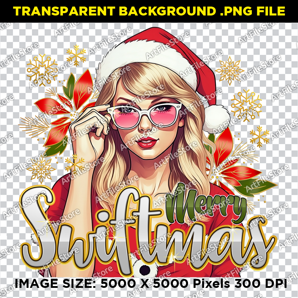 Taylor Swift bitmap design with 'Merry Swiftmas' text, holiday-themed artwork