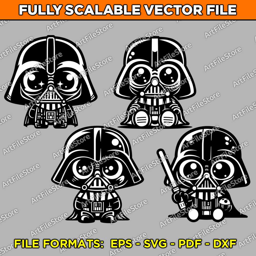 Vector artwork of Baby Darth Vader in an adorable style, featuring a set of 4 unique designs ideal for Star Wars-themed creative projects and decorations