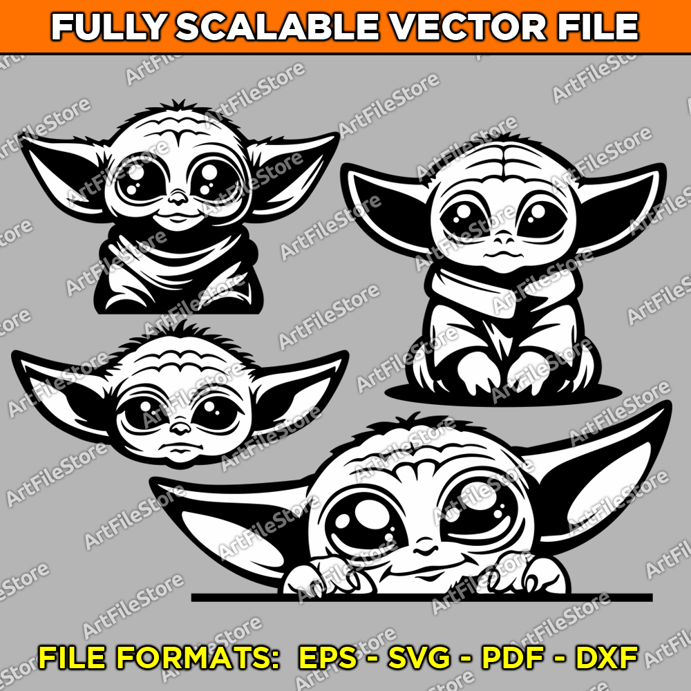 Vector artwork of Baby Yoda (Grogu) in a cute style, featuring a set of 4 unique designs perfect for Star Wars-inspired projects and creative applications