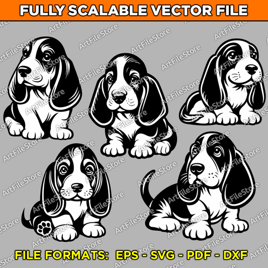 Vector artwork file featuring a charming set of five basset hound puppy illustrations, perfect for pet-themed designs and creative projects.

