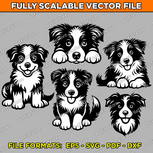 Vector artwork file showcasing a delightful set of five border collie puppy illustrations, ideal for pet-inspired designs and craft projects.
