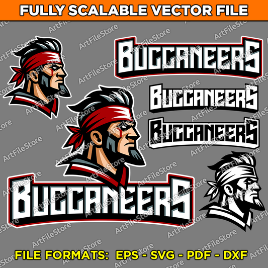 Vector artwork file featuring the Buccaneers team mascot with a bold and adventurous design, ideal for school team jerseys, sports gear, and promotional materials.
