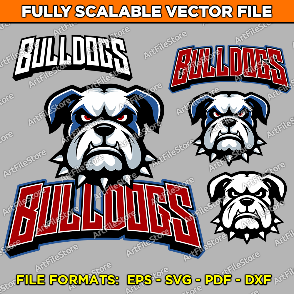 Vector artwork file featuring the Bulldogs team mascot with a strong and determined design, perfect for school team jerseys, sports apparel, and team branding.
