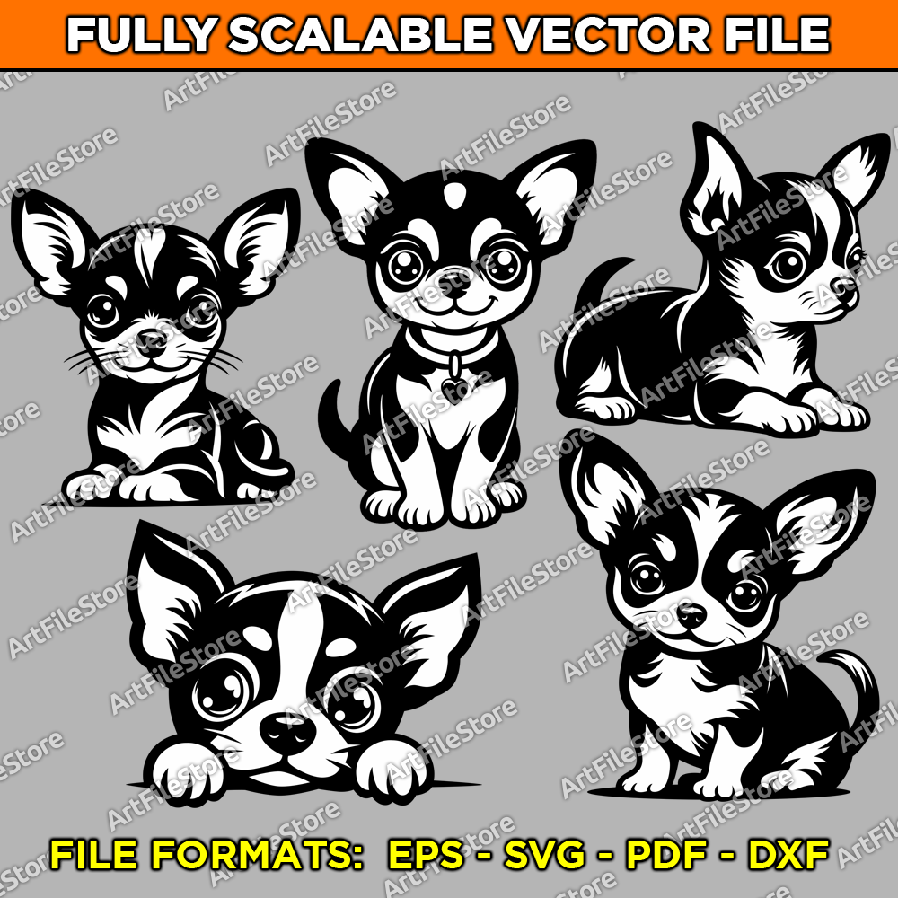 Vector artwork file featuring a delightful set of five cute Chihuahua puppy illustrations, ideal for pet lovers and creative designs.
