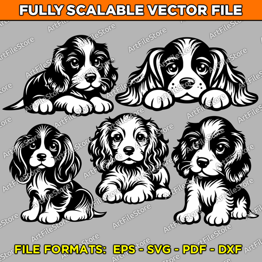 Vector artwork file featuring a charming set of five Cocker Spaniel puppy illustrations, perfect for pet-themed projects and creative crafts.
