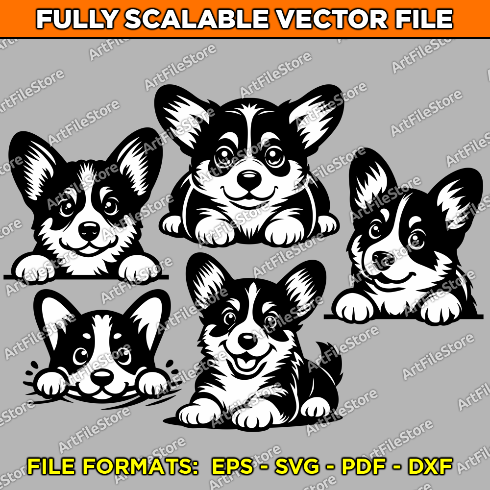 Vector artwork file featuring an adorable set of five Corgi puppy illustrations, ideal for pet lovers and creative designs.
