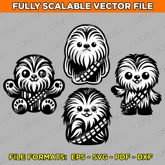 Vector artwork featuring a set of 4 adorable Baby Chewbacca designs, perfect for Star Wars-themed projects and fans of the iconic character.