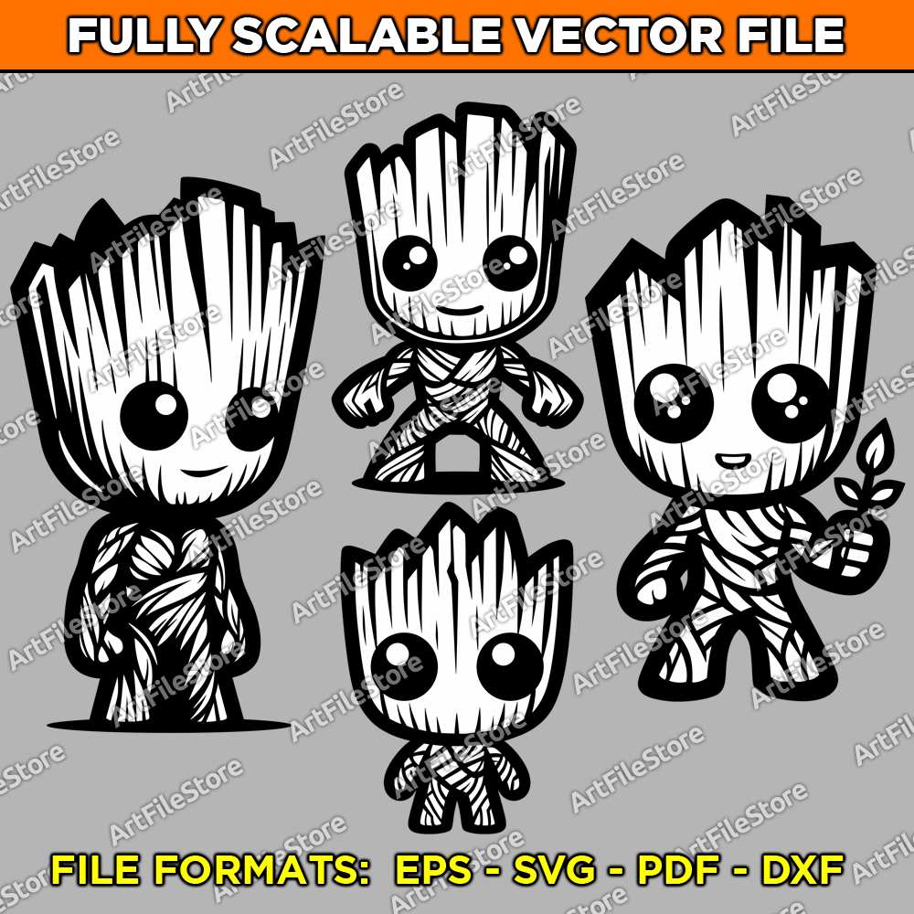 Set of 4 vector designs showcasing Baby Groot in a charming kawaii style, ideal for creative projects and crafts.