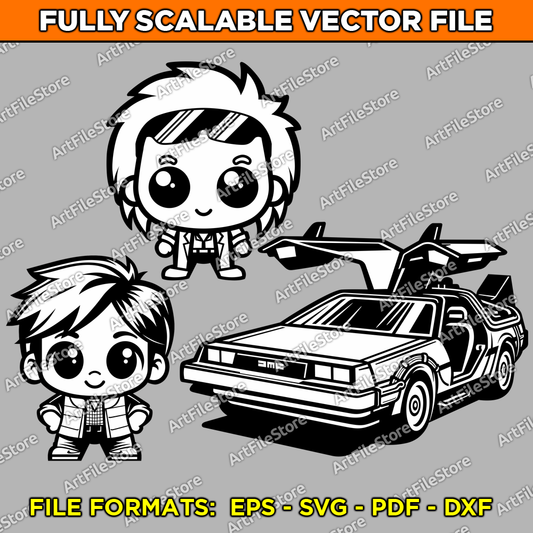 Vector artwork file featuring cute versions of Marty McFly, Doc Brown, and the iconic DeLorean from Back to the Future, perfect for themed designs and crafts.