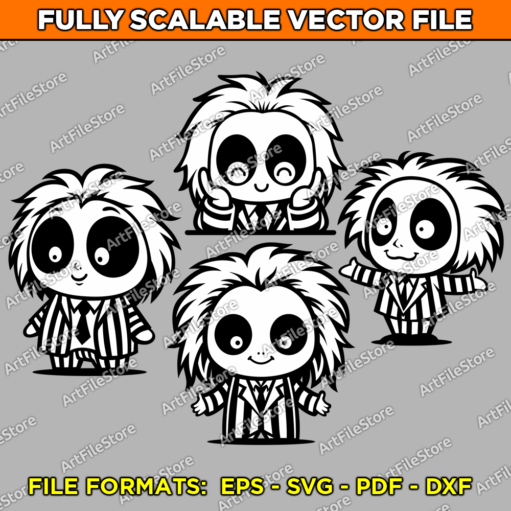 Set of 4 vector artwork files featuring a cute and whimsical kawaii-style Beetlejuice in various poses, ideal for adding a playful and spooky touch to themed crafts, designs, and decorations.