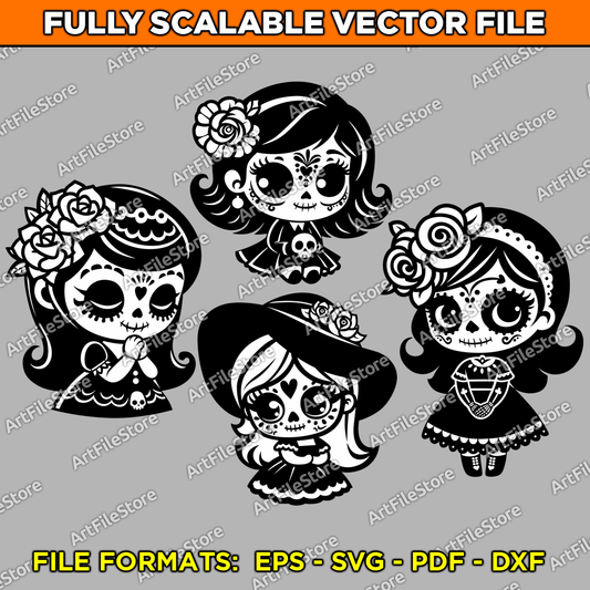 Vector artwork file showcasing charming kawaii-style designs of Catrinas inspired by the Day of the Dead, featuring four unique illustrations perfect for festive crafts and cultural themes.
