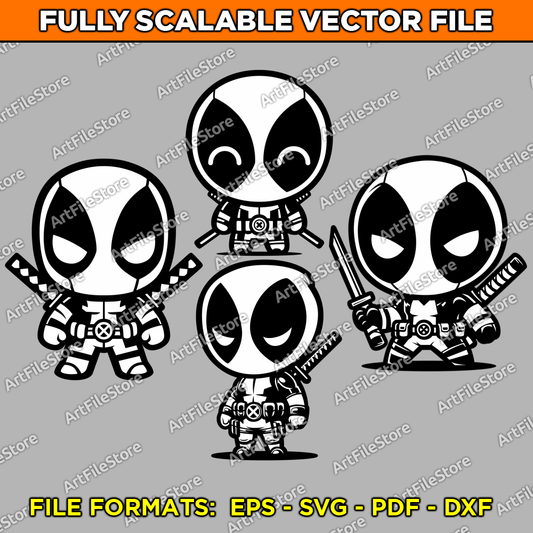 Vector artwork file featuring 4 cute Deadpool designs in kawaii style, perfect for themed crafts and printing projects.