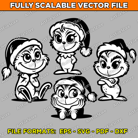 Vector artwork file featuring adorable kawaii-style Grinch designs, perfect for festive and whimsical holiday-themed crafts and projects.
