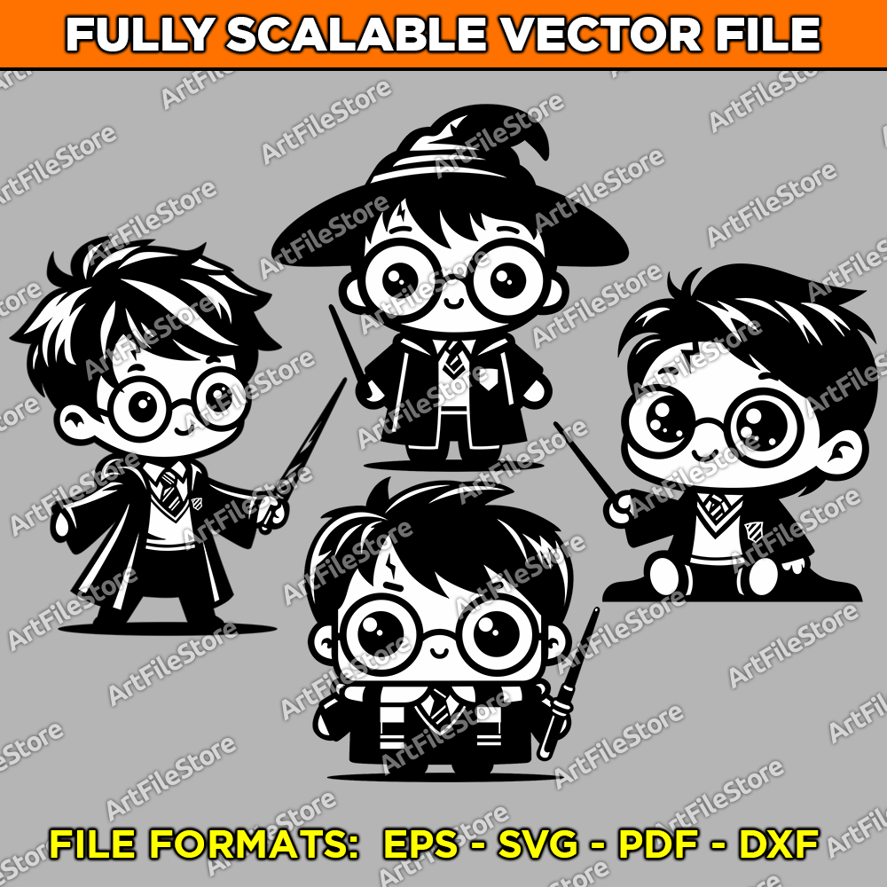 Vector artwork file featuring cute kawaii-style Harry Potter designs, including iconic elements and characters, ideal for magical-themed crafts and projects.
