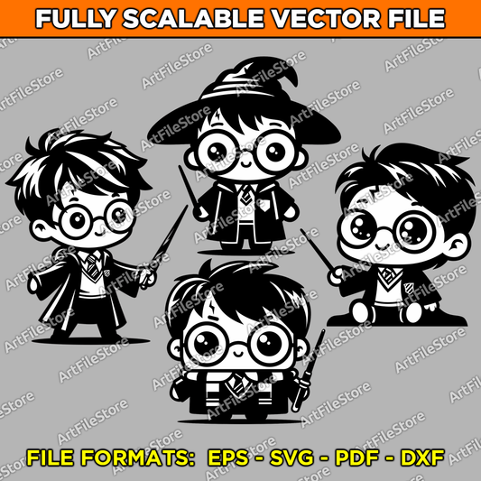 Vector artwork file featuring cute kawaii-style Harry Potter designs, including iconic elements and characters, ideal for magical-themed crafts and projects.
