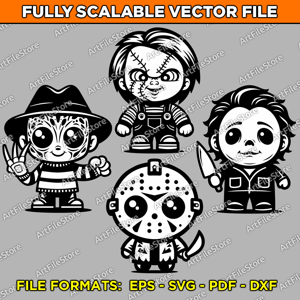 Vector artwork file featuring adorable kawaii-style designs of iconic horror movie characters: Chucky, Freddy Krueger, Jason Voorhees, and Michael Myers, ideal for spooky crafts and themed designs.
