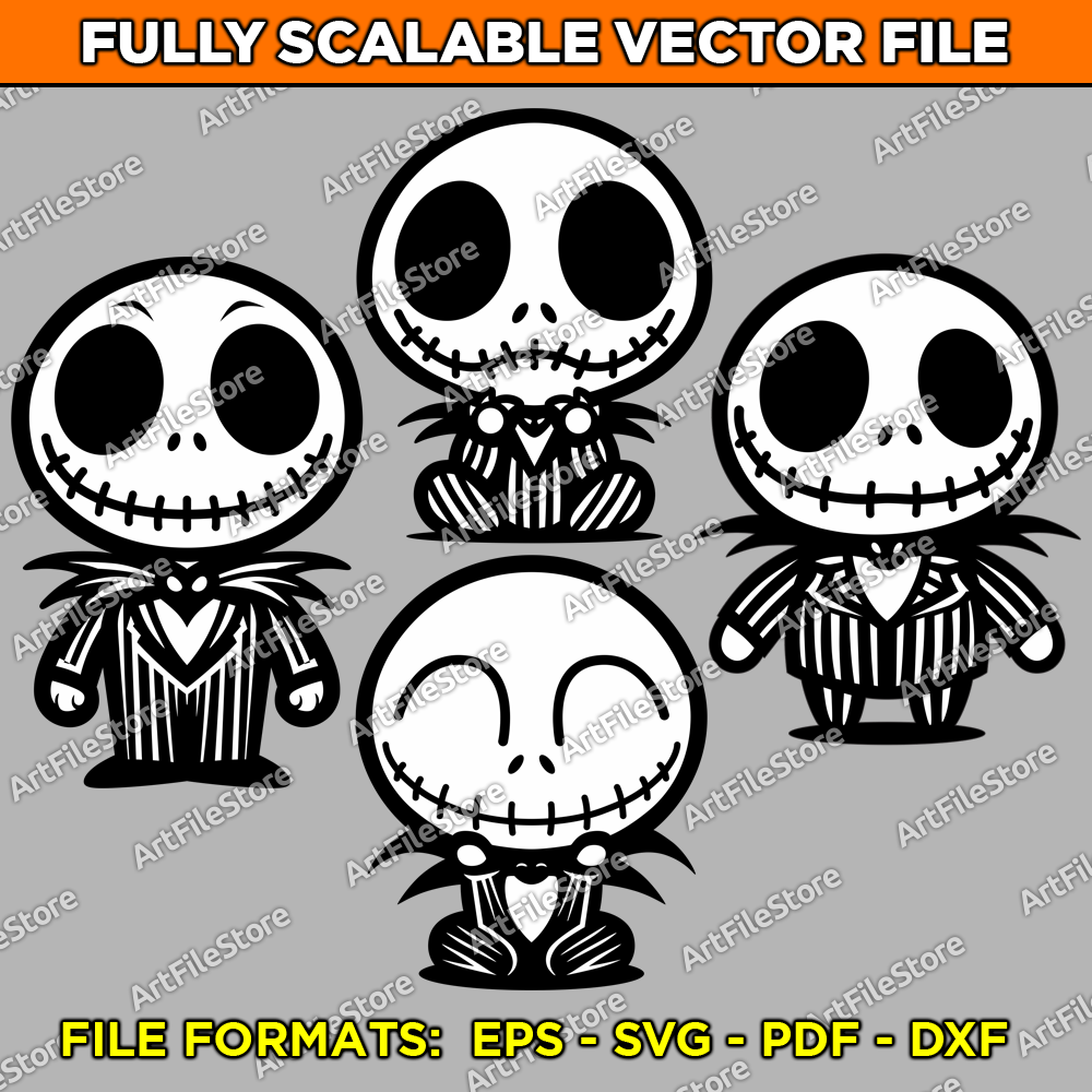 Vector artwork file featuring four adorable kawaii-style Jack Skellington designs, perfect for Nightmare Before Christmas-inspired crafts and themed projects.
