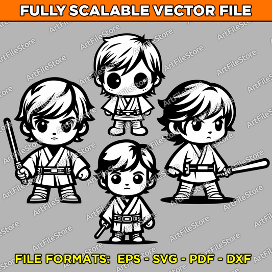 Vector artwork of a cute Luke Skywalker in a stylized design, featuring a set of 4 unique illustrations ideal for Star Wars-themed projects and creative applications