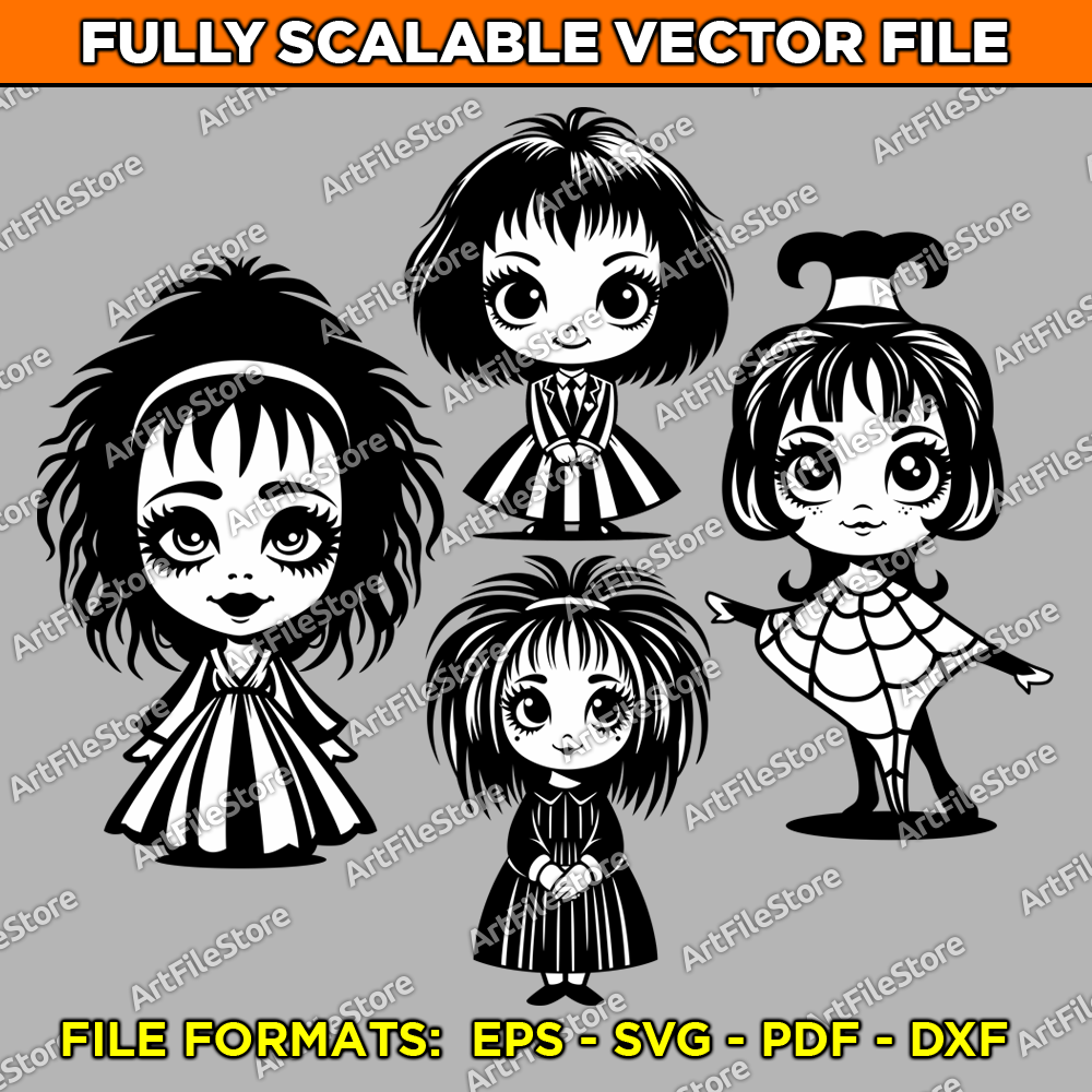 Set of 4 vector artwork files showcasing a cute kawaii-style Lydia Deetz in her iconic gothic look, perfect for spooky-themed designs, crafts, and creative projects.