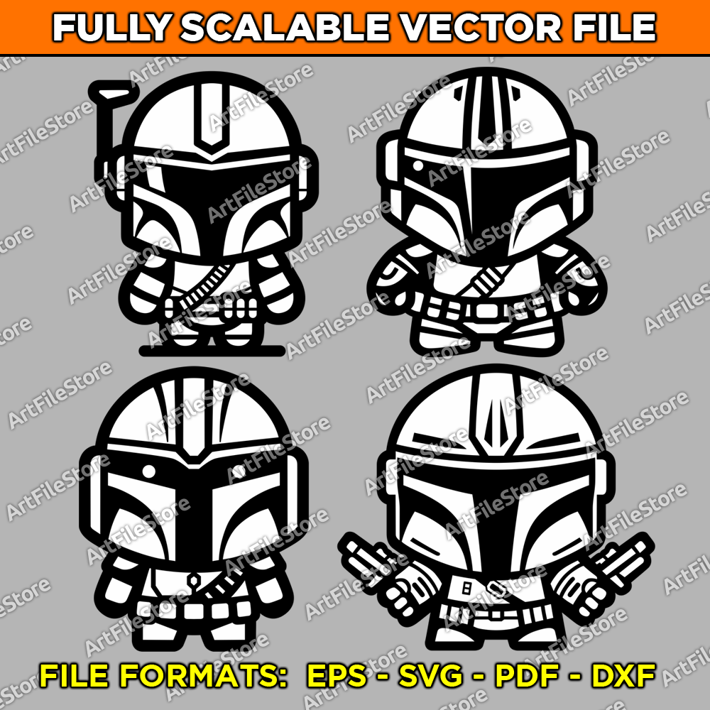 Vector artwork of a cute Mandalorian in a stylized design, featuring a set of 4 unique illustrations perfect for Star Wars-themed projects and creative use.