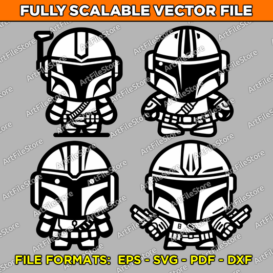 Vector artwork of a cute Mandalorian in a stylized design, featuring a set of 4 unique illustrations perfect for Star Wars-themed projects and creative use.