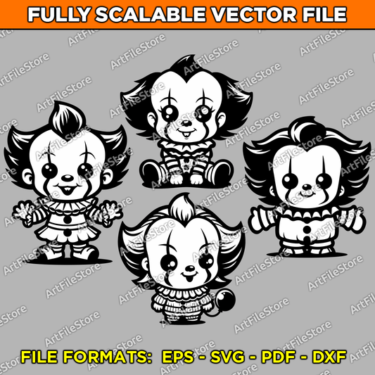 Set of 4 vector artwork files featuring a cute kawaii-style Pennywise the Clown, ideal for horror-themed designs, crafts, and creative projects.