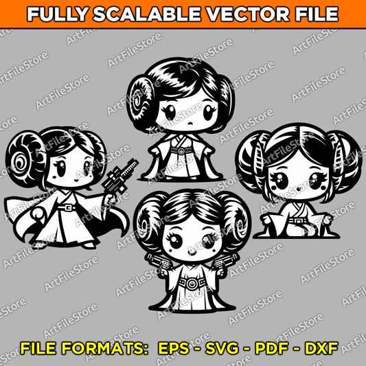 Set of 4 vector artwork designs featuring a cute Princess Leia in various stylized poses, ideal for Star Wars-themed projects and creative applications