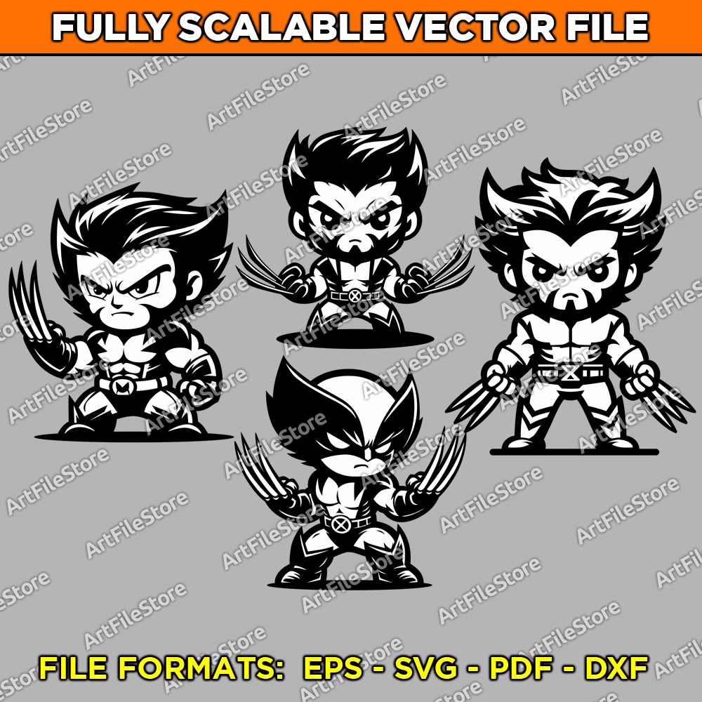 Vector artwork file featuring 4 cute Wolverine designs in kawaii style, ideal for creative crafts and themed projects.