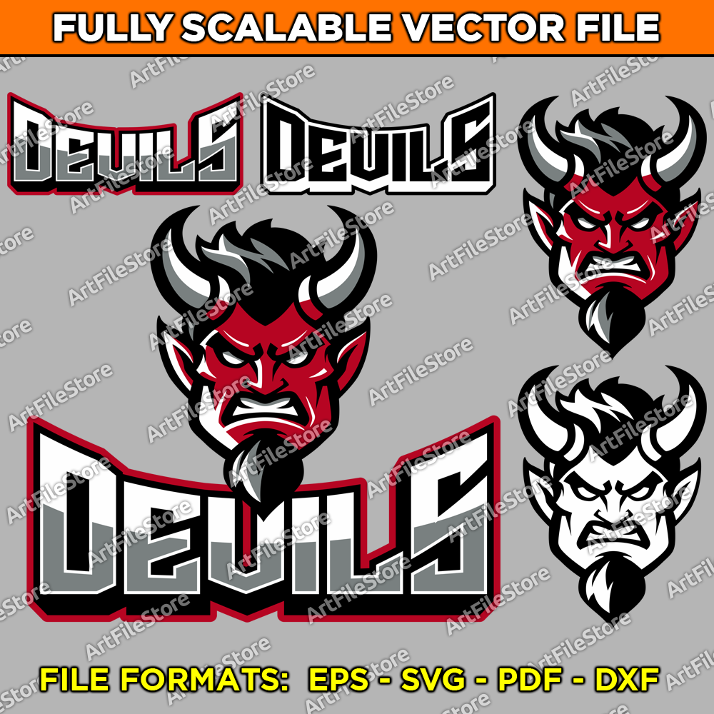 Vector artwork file featuring the Devils team mascot, showcasing bold and dynamic details, perfect for sports-related designs, merchandise, and team branding.
