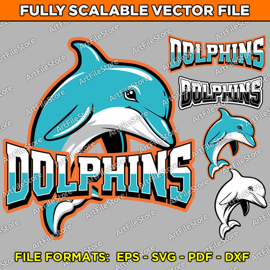 Vector artwork file featuring the Dolphins team mascot, showcasing sleek and playful details, perfect for school team jerseys, sports merchandise, and team branding.
