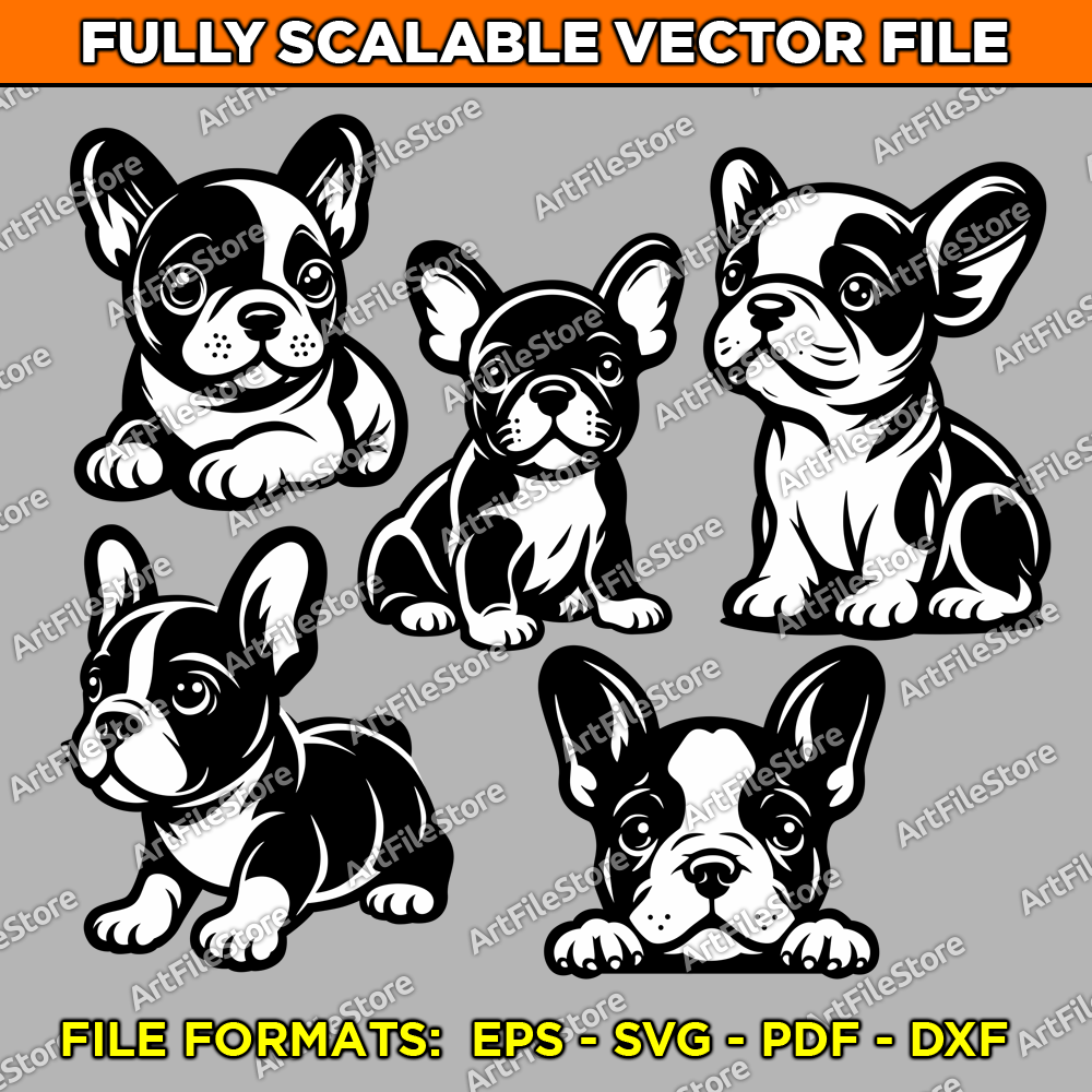 Vector artwork file featuring a charming set of five French Bulldog puppy illustrations, perfect for pet-themed projects and crafts.
