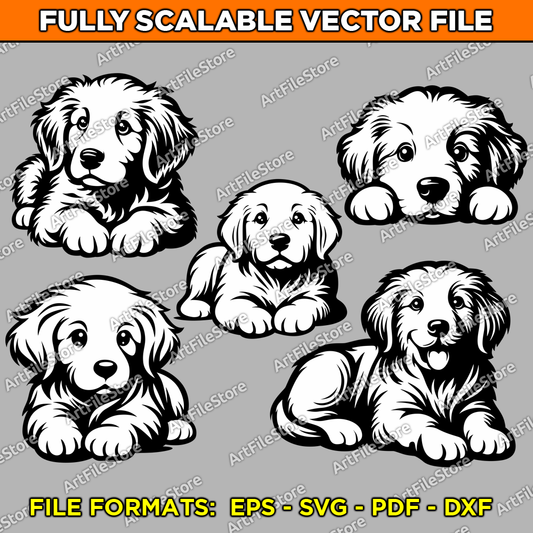 Vector artwork file featuring a delightful set of five Golden Retriever puppy illustrations, ideal for dog-themed designs and creative projects.
