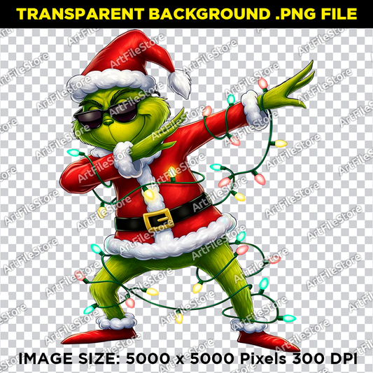 Bitmap artwork file showcasing the Grinch in a funny dabbing pose, ideal for playful holiday shirts and festive projects.
