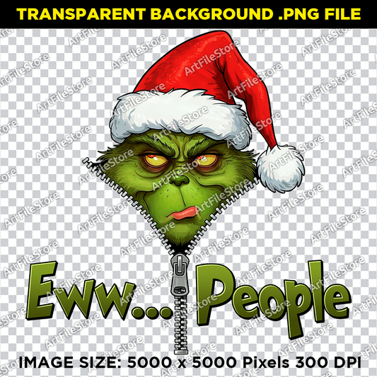 Bitmap artwork file featuring a grumpy Grinch face with the text "Ew People," perfect for humorous holiday-themed shirts and crafts.
