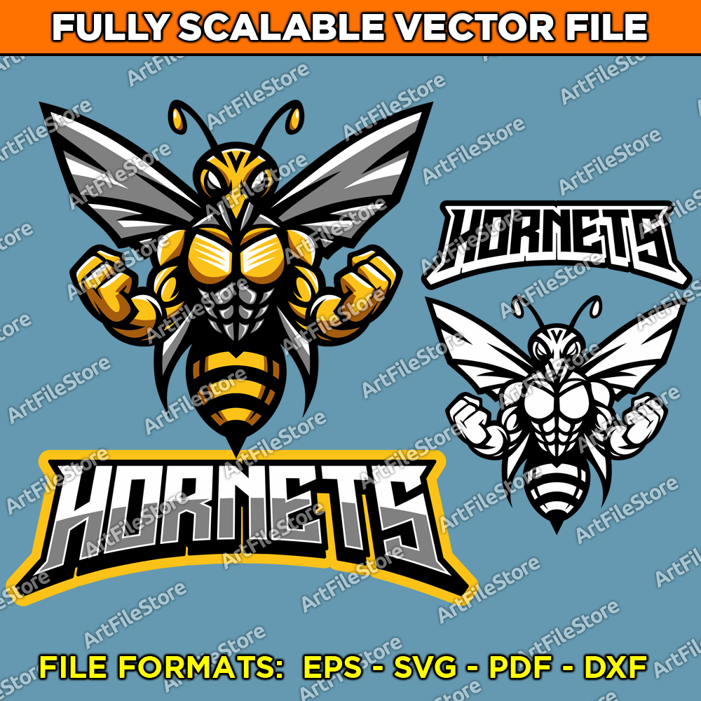 Vector artwork file showcasing the Hornets team mascot, featuring striking and energetic details, perfect for school team jerseys, sports merchandise, and branding.
