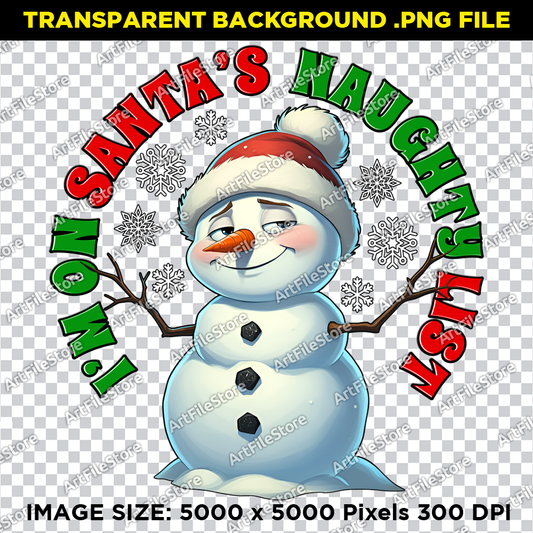 Bitmap artwork featuring a mischievous snowman with the text "I'm on Santa's Naughty List," perfect for humorous holiday designs.