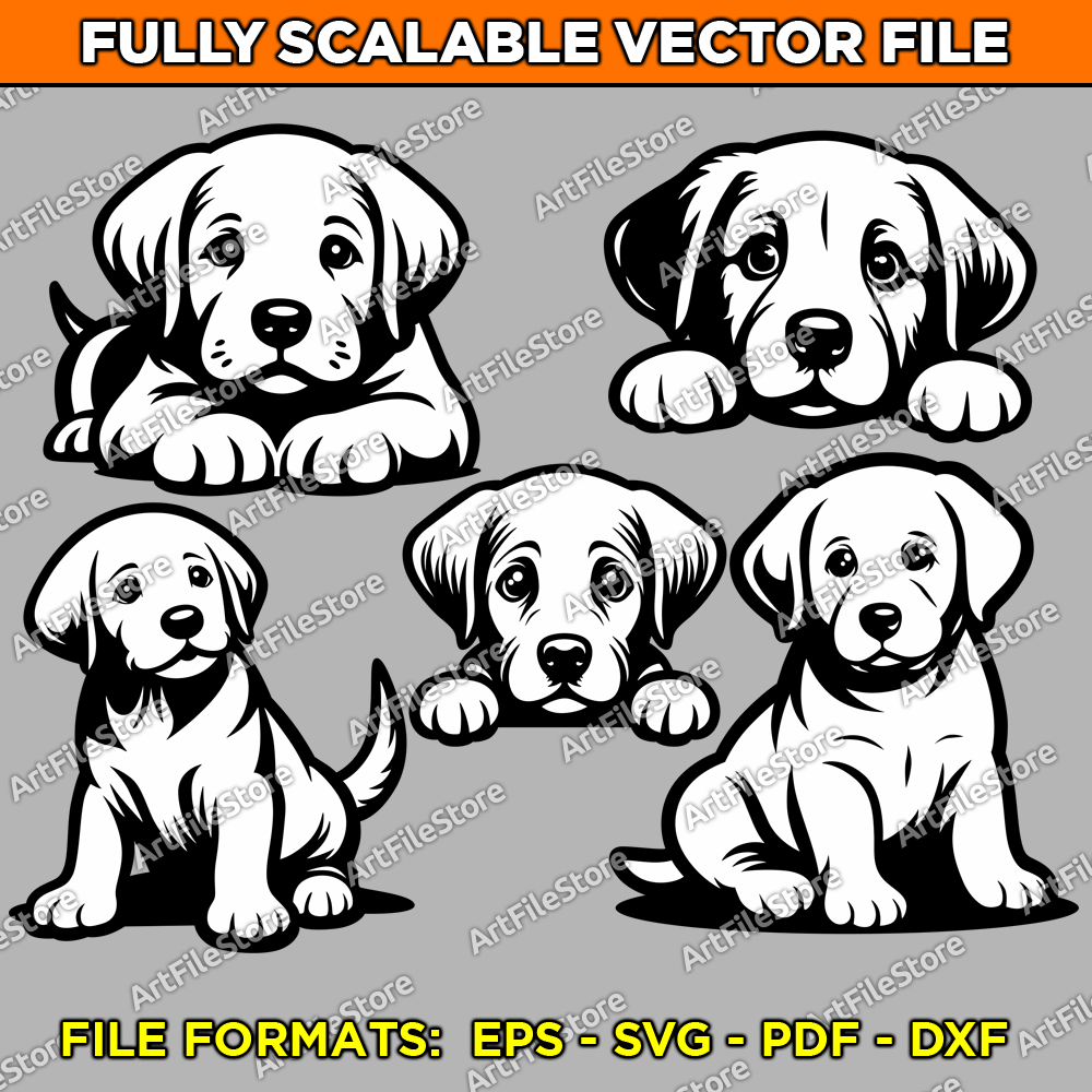 Vector artwork file featuring a charming set of five Labrador Retriever puppy illustrations, perfect for pet-themed designs and creative projects.
