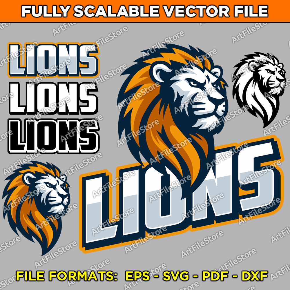 Vector artwork file featuring the Lions team mascot with bold and dynamic details, ideal for school team jerseys, sports-themed merchandise, and team branding.
