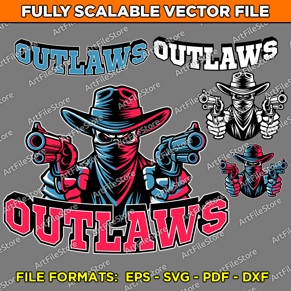 Vector artwork file featuring the Outlaws team mascot with a rugged and daring design, perfect for school team jerseys, sports uniforms, and merchandise.
