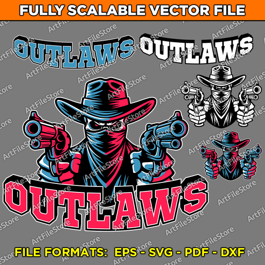 Vector artwork file featuring the Outlaws team mascot with a rugged and daring design, perfect for school team jerseys, sports uniforms, and merchandise.
