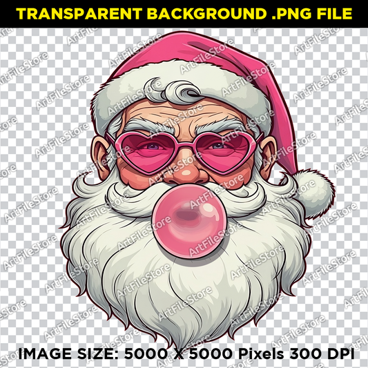 Bitmap artwork of a pink Santa blowing a bubble gum, vibrant and whimsical design for holiday-themed projects