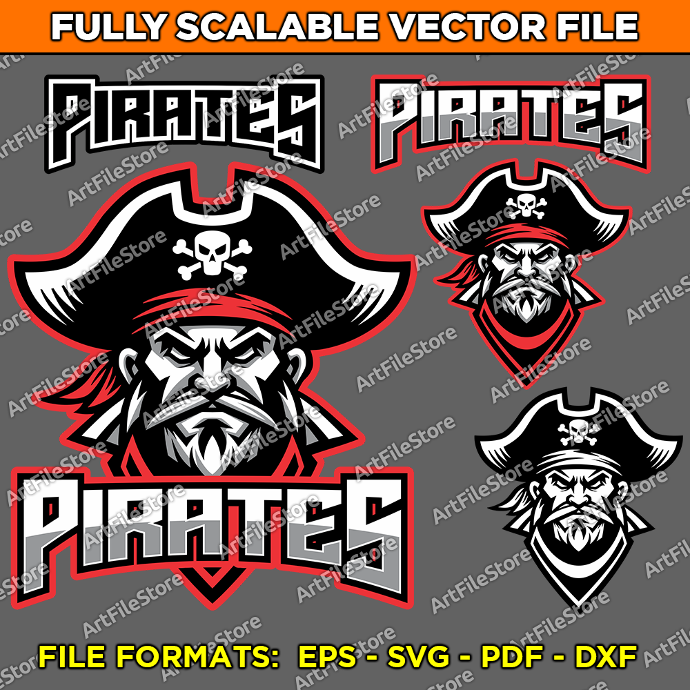 Vector artwork file featuring the Pirates team mascot with a bold and adventurous design, ideal for school team jerseys, sports merchandise, and team logos.
