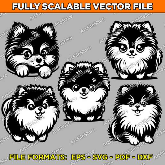 Vector artwork file showcasing a delightful set of five Pomeranian puppy illustrations, ideal for pet-inspired designs and artistic projects.
