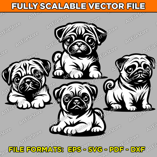 Vector artwork file featuring an adorable set of five Pug puppy illustrations, perfect for pet-themed designs and creative projects.
