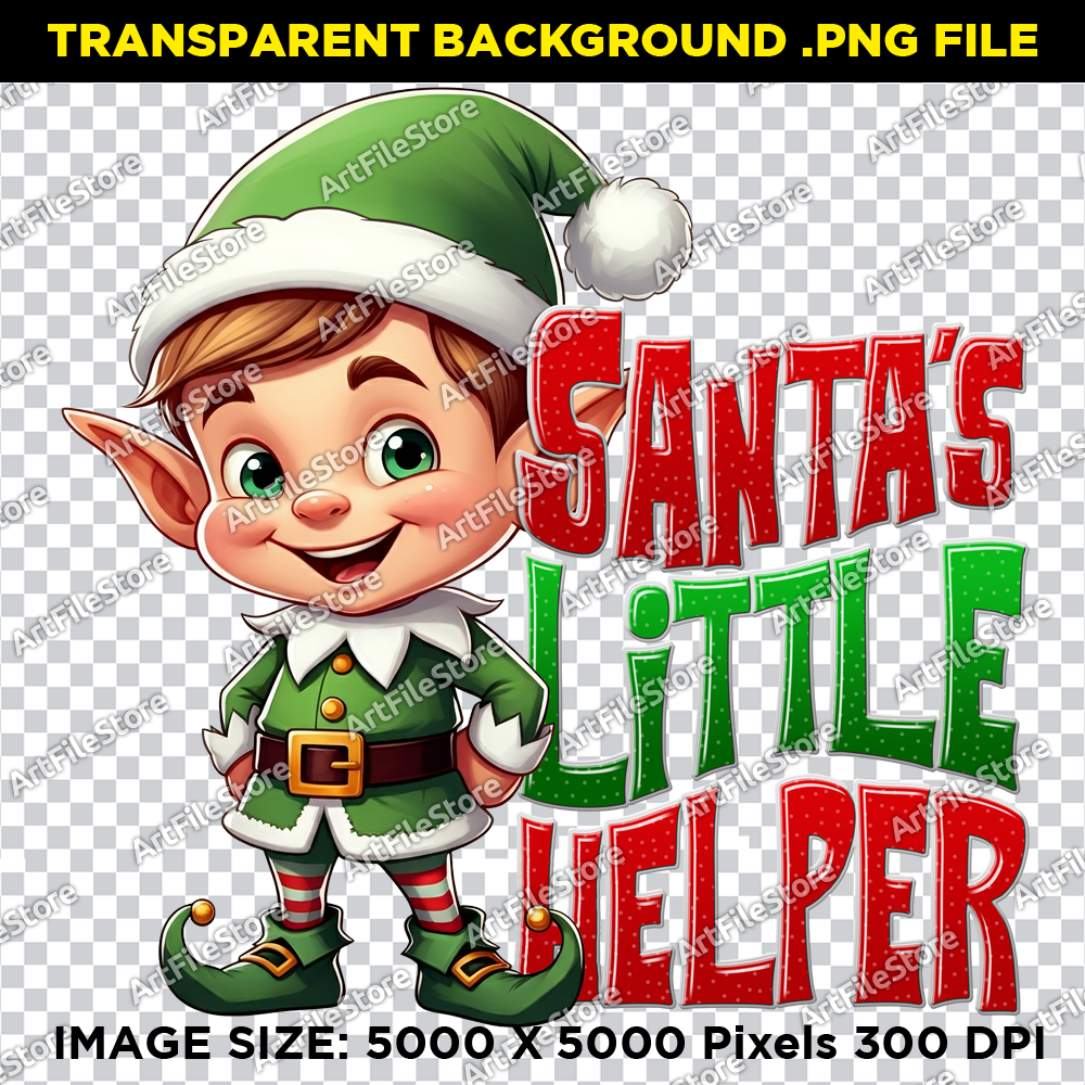 Bitmap artwork of a cheerful boy dressed as Santa's little helper, perfect for festive holiday designs.