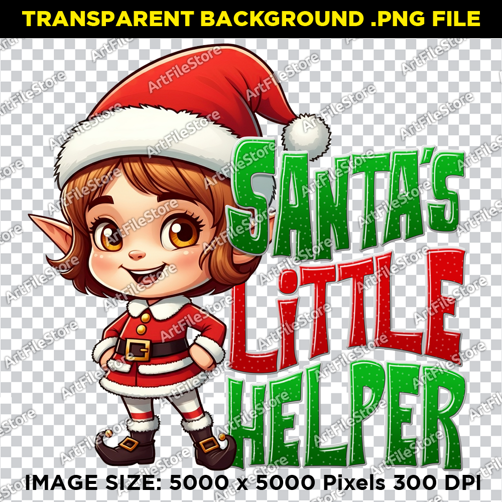 Bitmap artwork of a cheerful girl dressed as Santa's little helper, ideal for festive holiday designs.