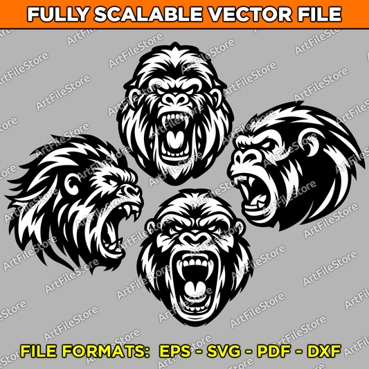 Vector artwork file featuring a set of 4 dynamic Screaming Gorillas designs, showcasing powerful and expressive illustrations for creative projects and designs.
